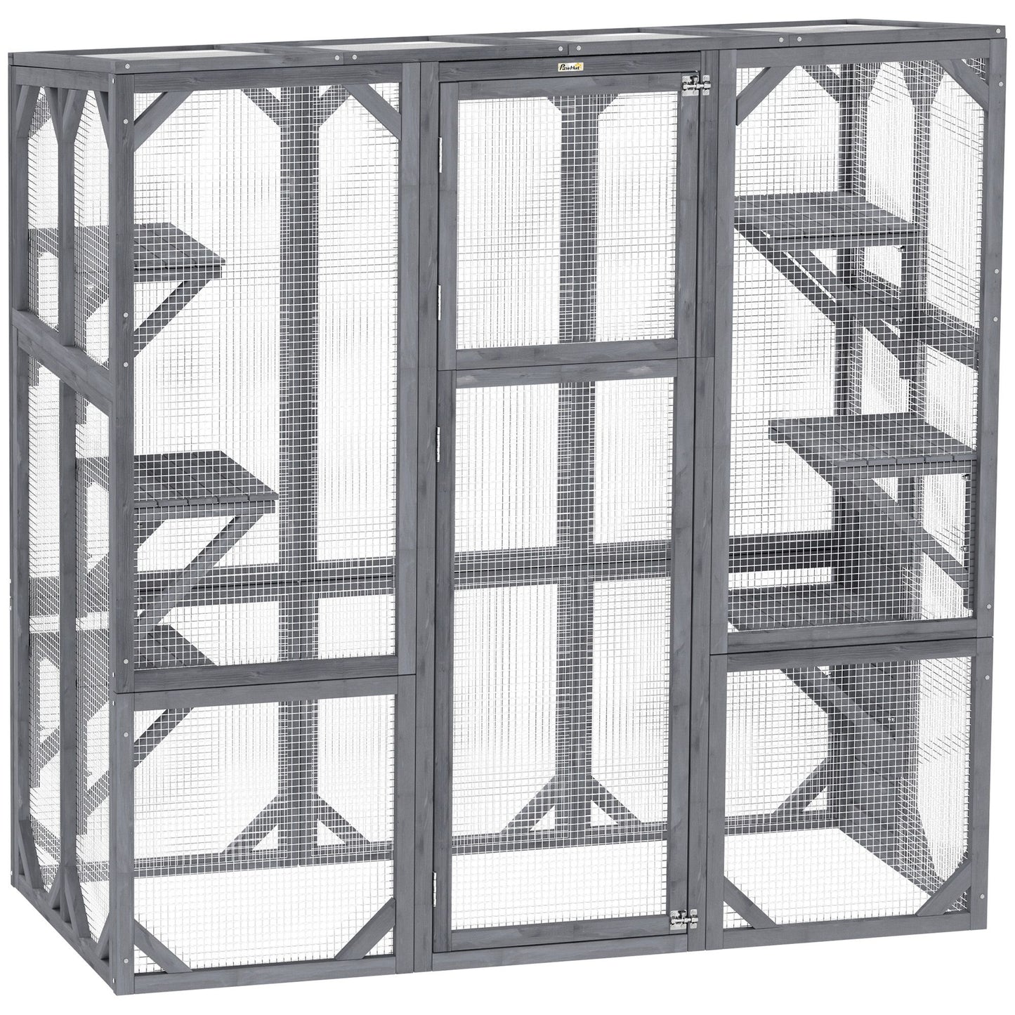 Large Wooden Catio Outdoor with 6 Jumping Platforms, Sunshine Panel