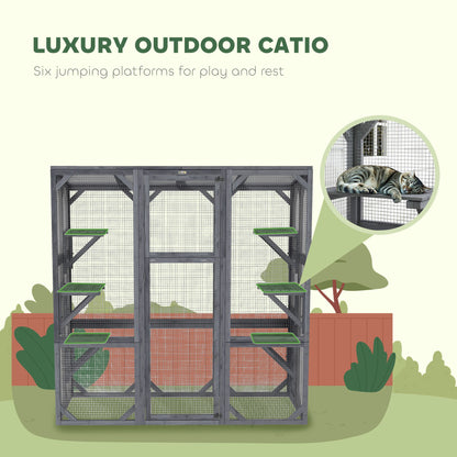 Large Wooden Catio Outdoor with 6 Jumping Platforms, Sunshine Panel