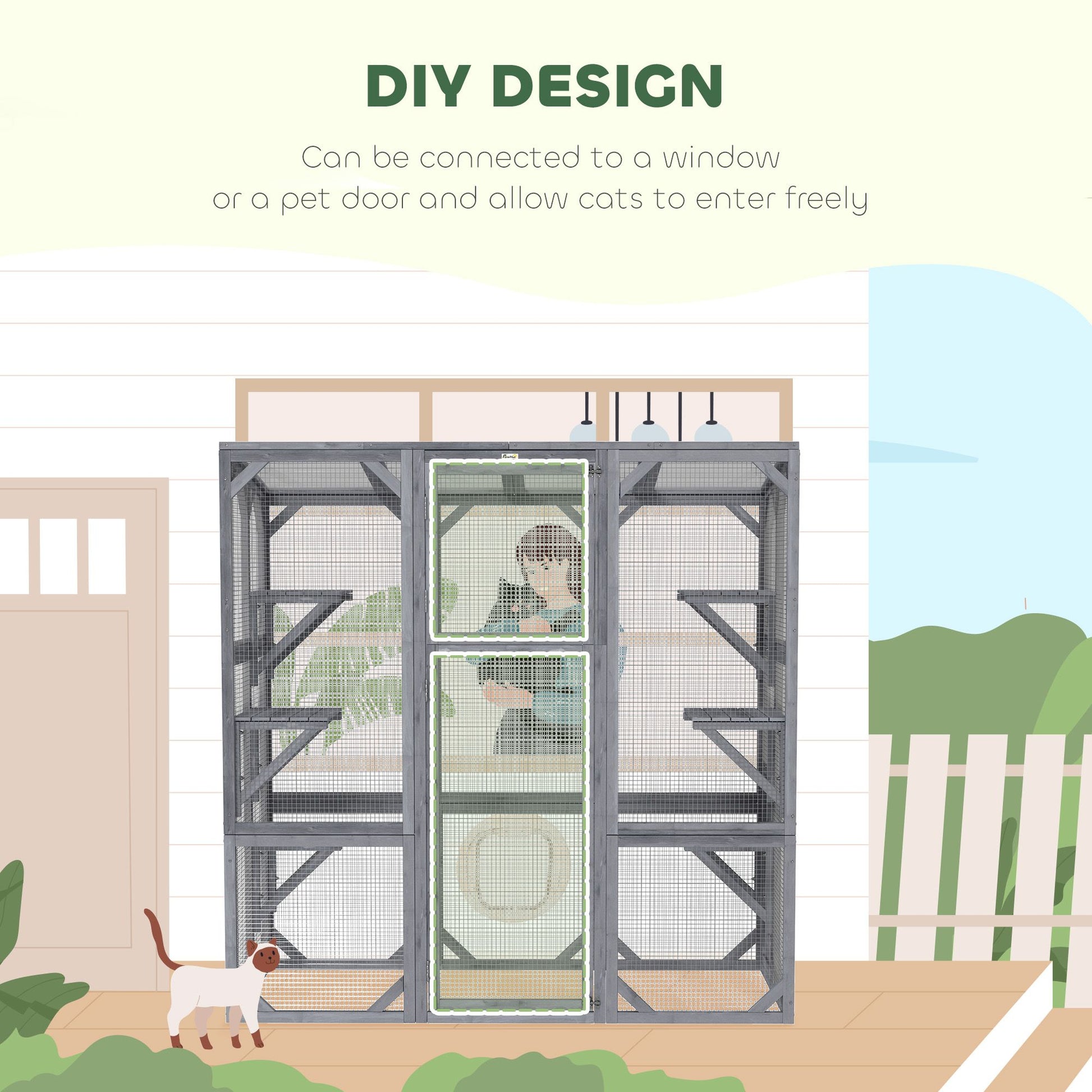 Large Wooden Catio Outdoor with 6 Jumping Platforms, Sunshine Panel