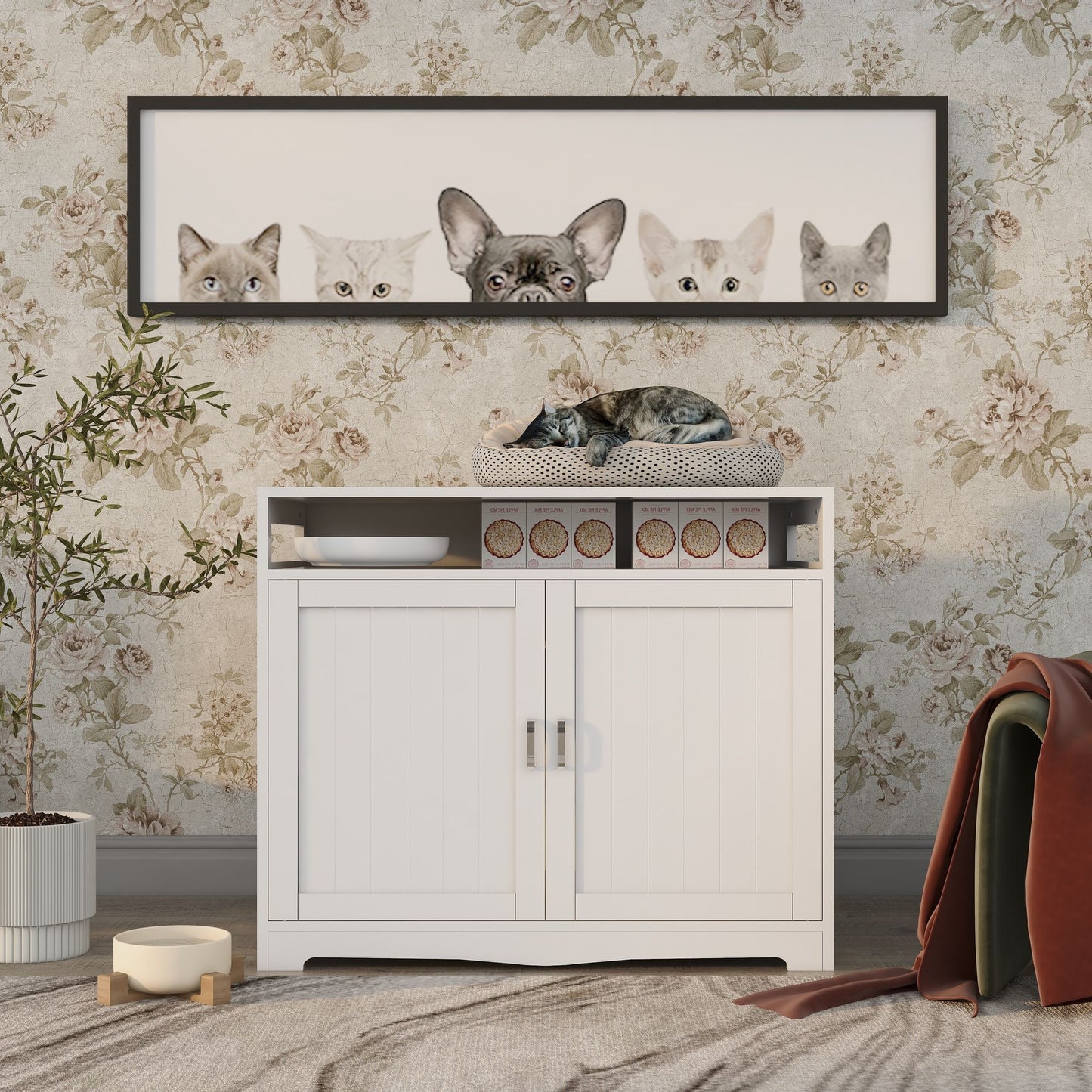 Litter Box Enclosure, Cat Litter Box Furniture with Hidden Plug, 2