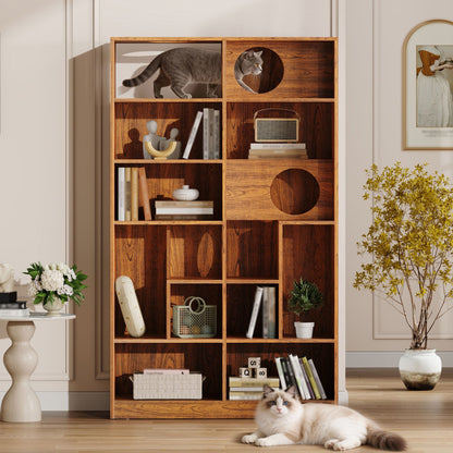 Modern 2 in 1 Wood Bookshelf Cat House, Cat Tree Display Case