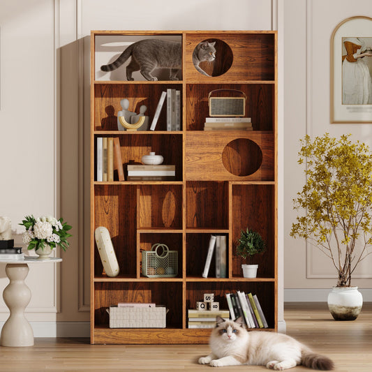 Modern 2 in 1 Wood Bookshelf Cat House, Cat Tree Display Case