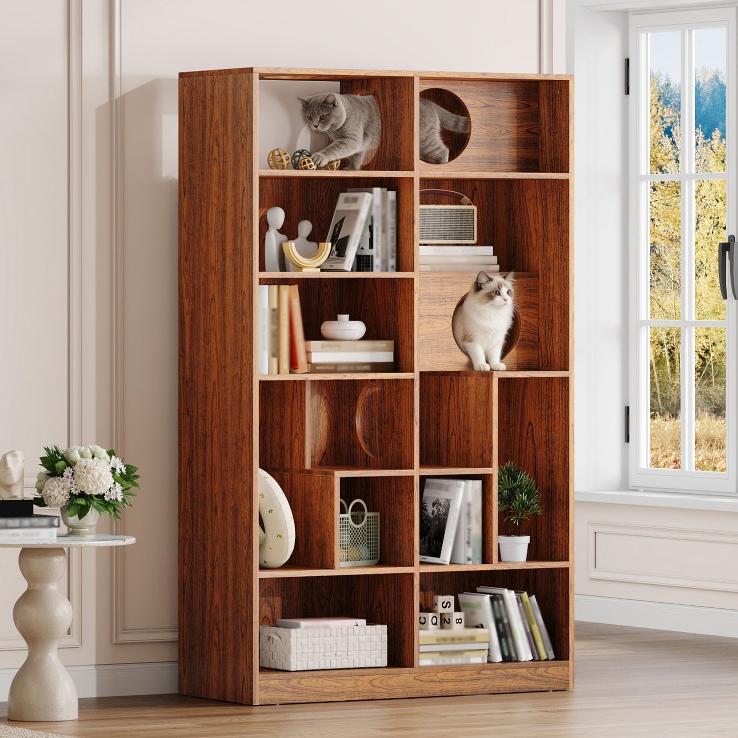 Modern 2 in 1 Wood Bookshelf Cat House, Cat Tree Display Case