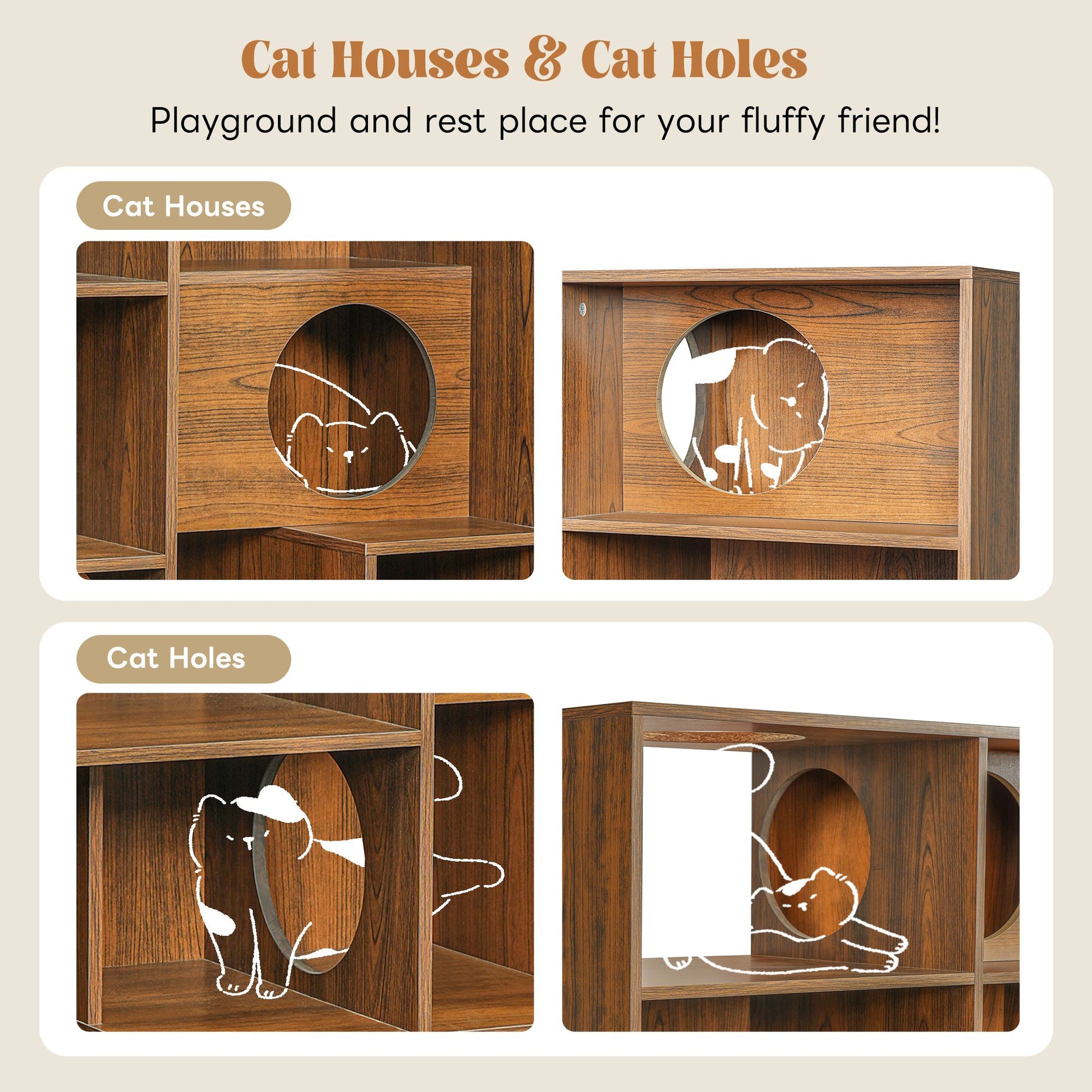 Modern 2 in 1 Wood Bookshelf Cat House, Cat Tree Display Case