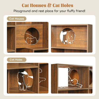 Modern 2 in 1 Wood Bookshelf Cat House, Cat Tree Display Case
