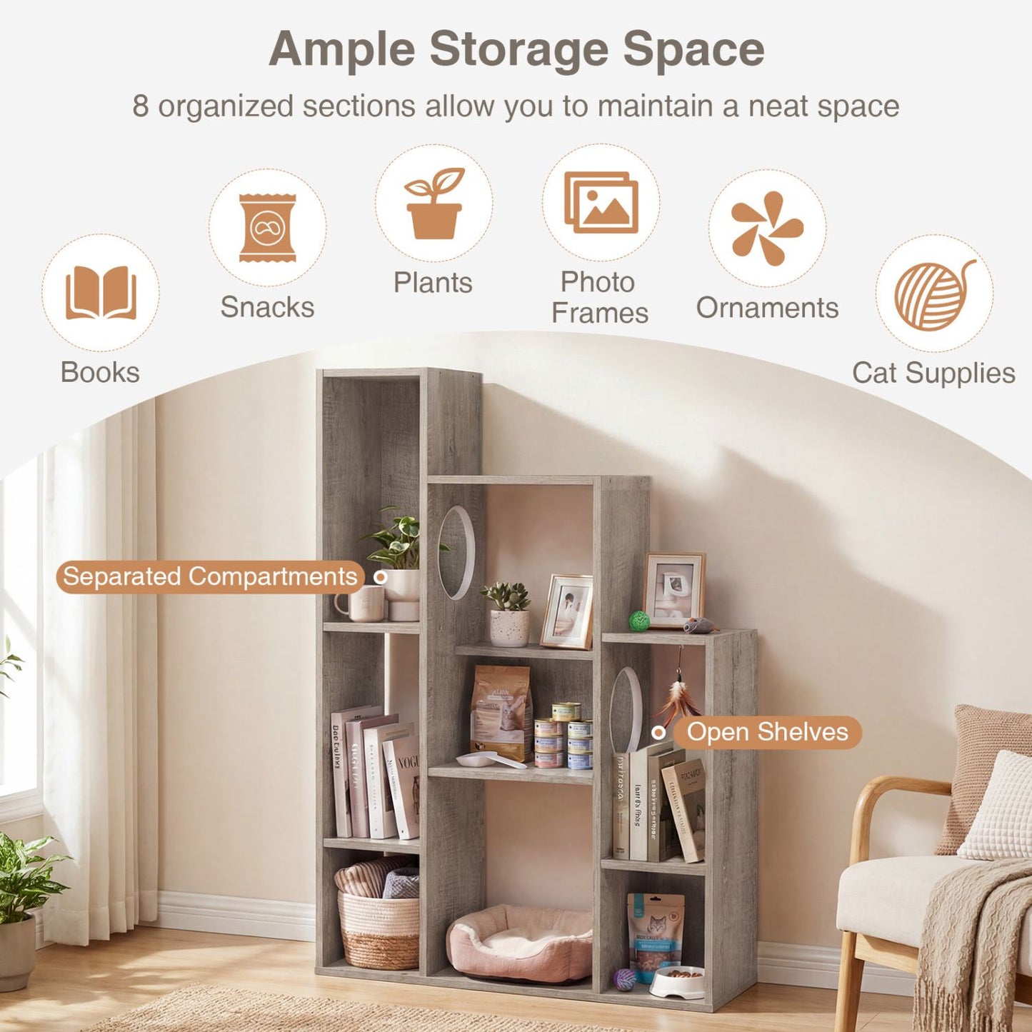 Modern Cat Bookshelf Cat Tree 8-Section Storage Cabinet with 2