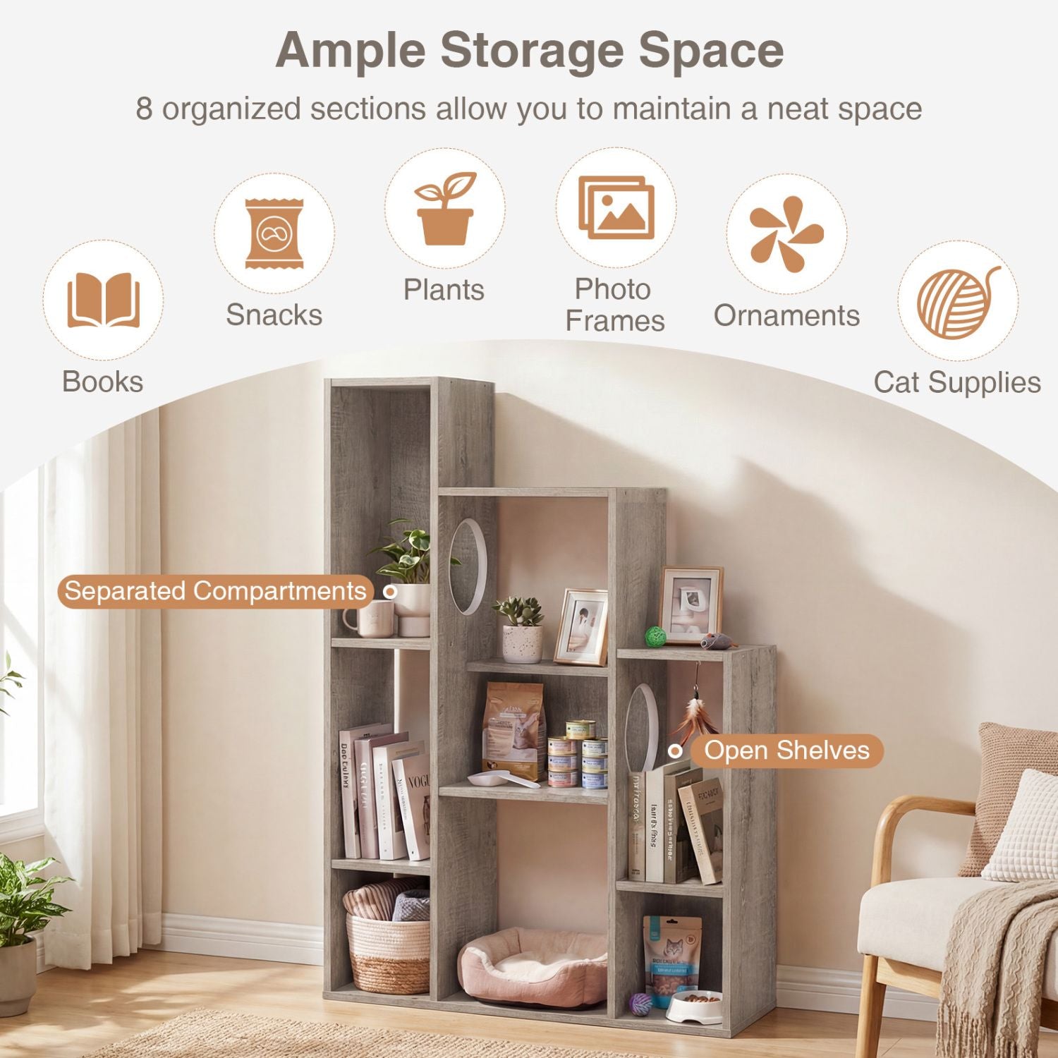 Modern Cat Bookshelf Cat Tree 8-Section Storage Cabinet with 2