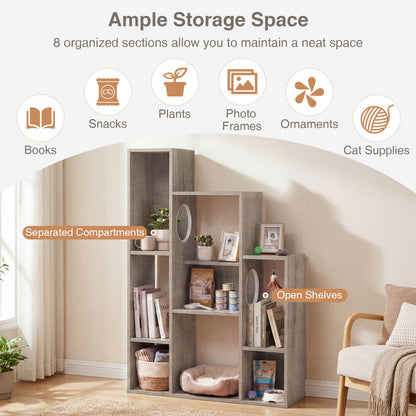 Modern Cat Bookshelf Cat Tree 8-Section Storage Cabinet with 2