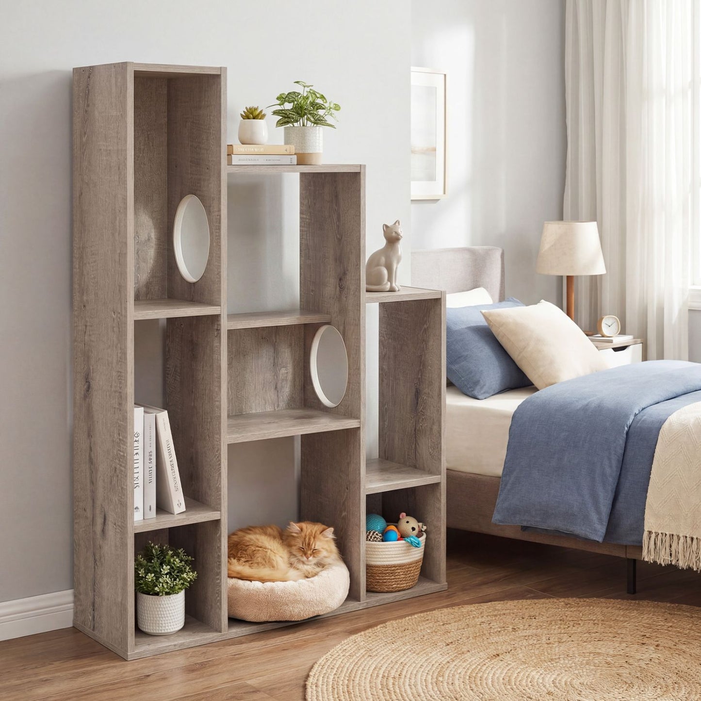 Modern Cat Bookshelf Cat Tree 8-Section Storage Cabinet with 2