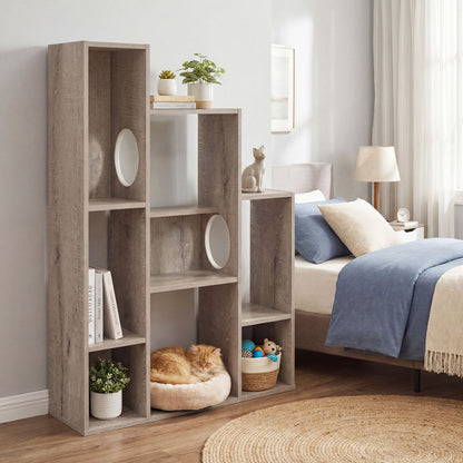 Modern Cat Bookshelf Cat Tree 8-Section Storage Cabinet with 2