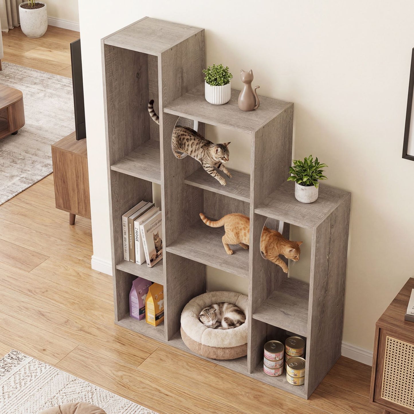Modern Cat Bookshelf Cat Tree 8-Section Storage Cabinet with 2