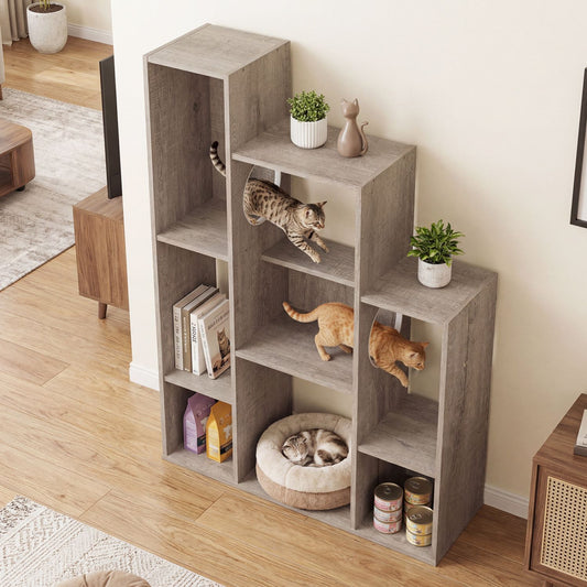 Modern Cat Bookshelf Cat Tree 8-Section Storage Cabinet with 2