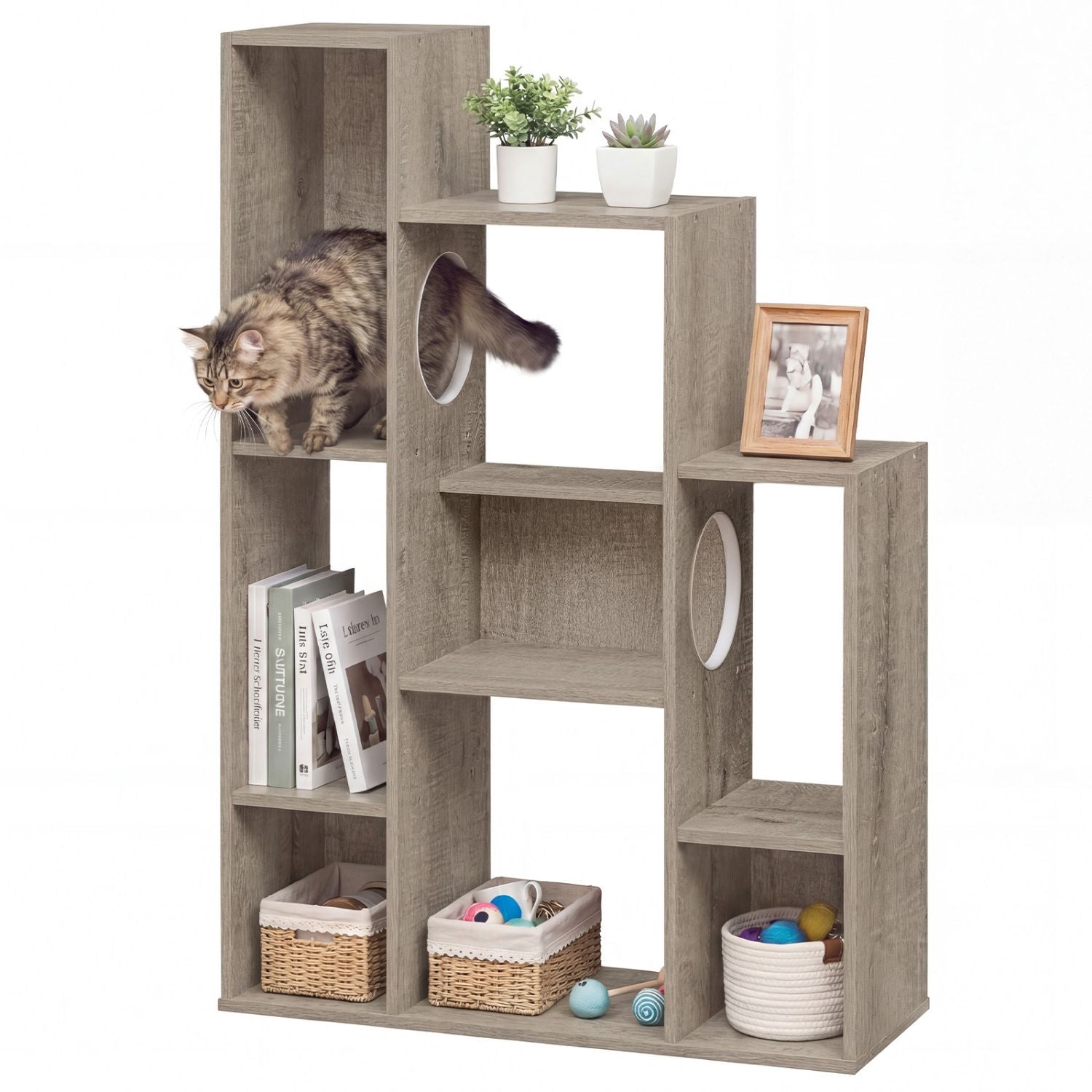 Modern Cat Bookshelf Cat Tree 8-Section Storage Cabinet with 2