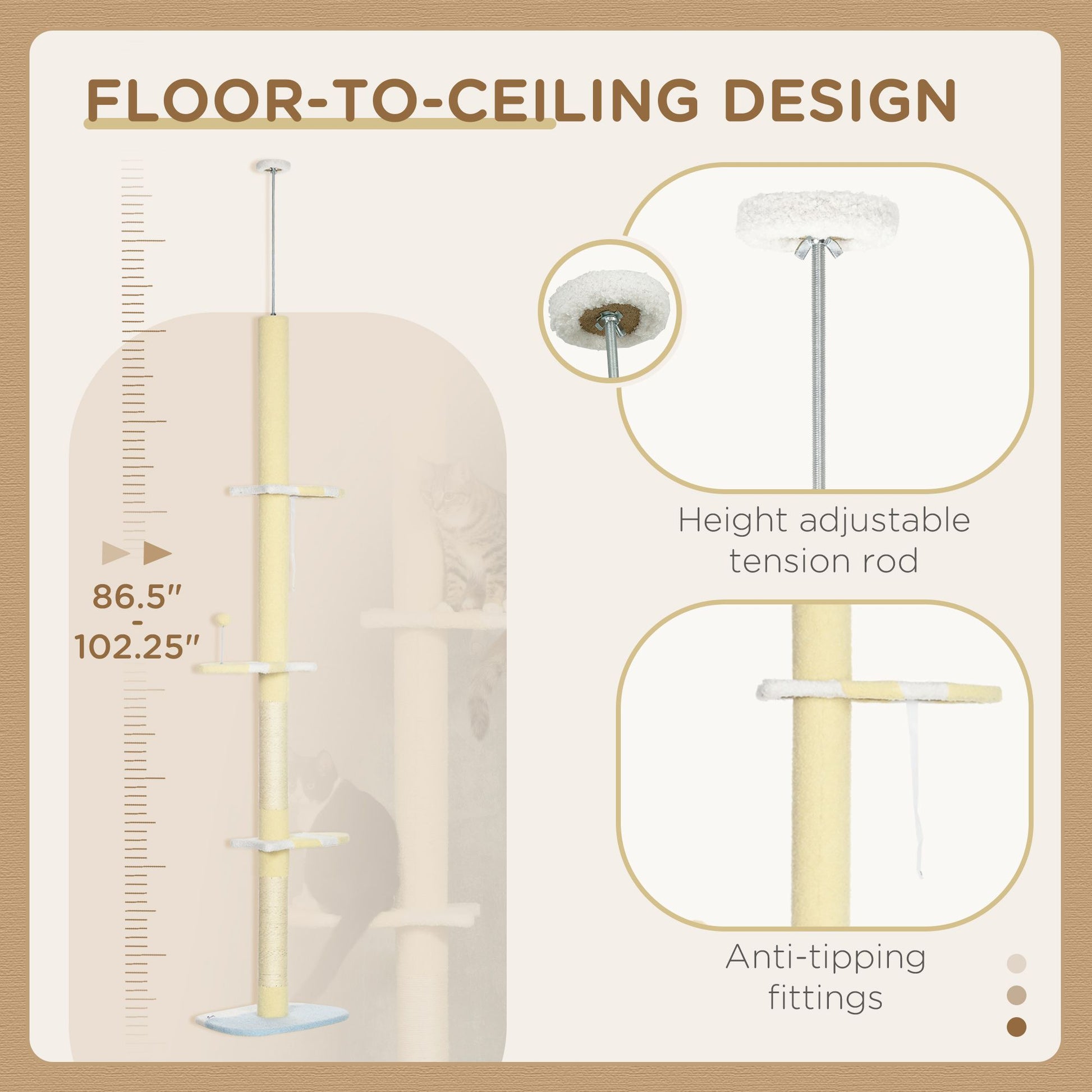 Modern Cat Tree Height Adjustable 87 -103 Inch with 4-Tier