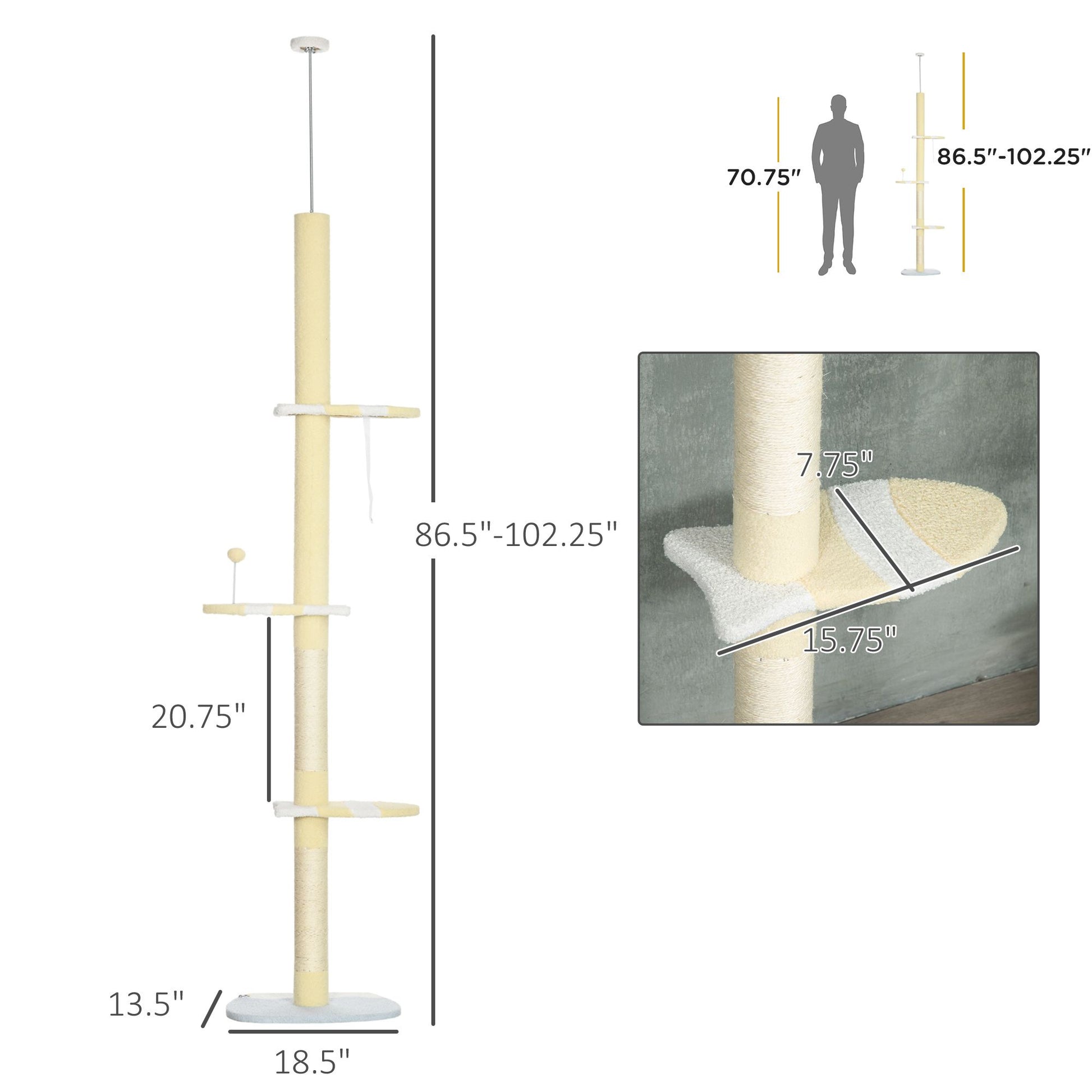 Modern Cat Tree Height Adjustable 87 -103 Inch with 4-Tier