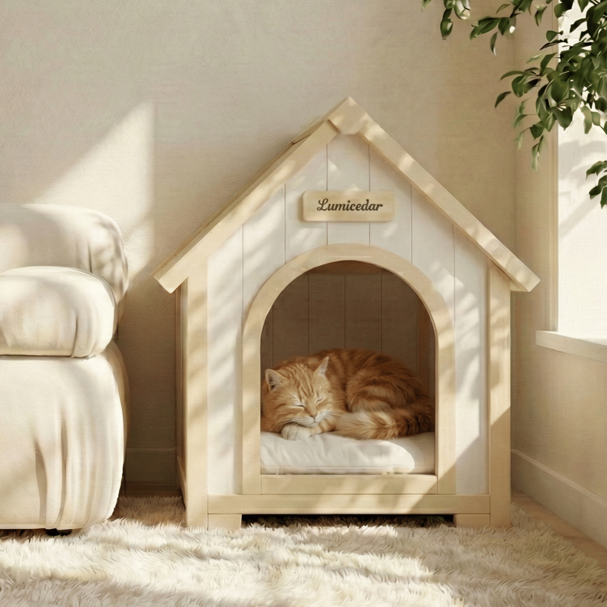 Modern Indoor Wooden Dog House with EVA Cushion – Solid Cedar