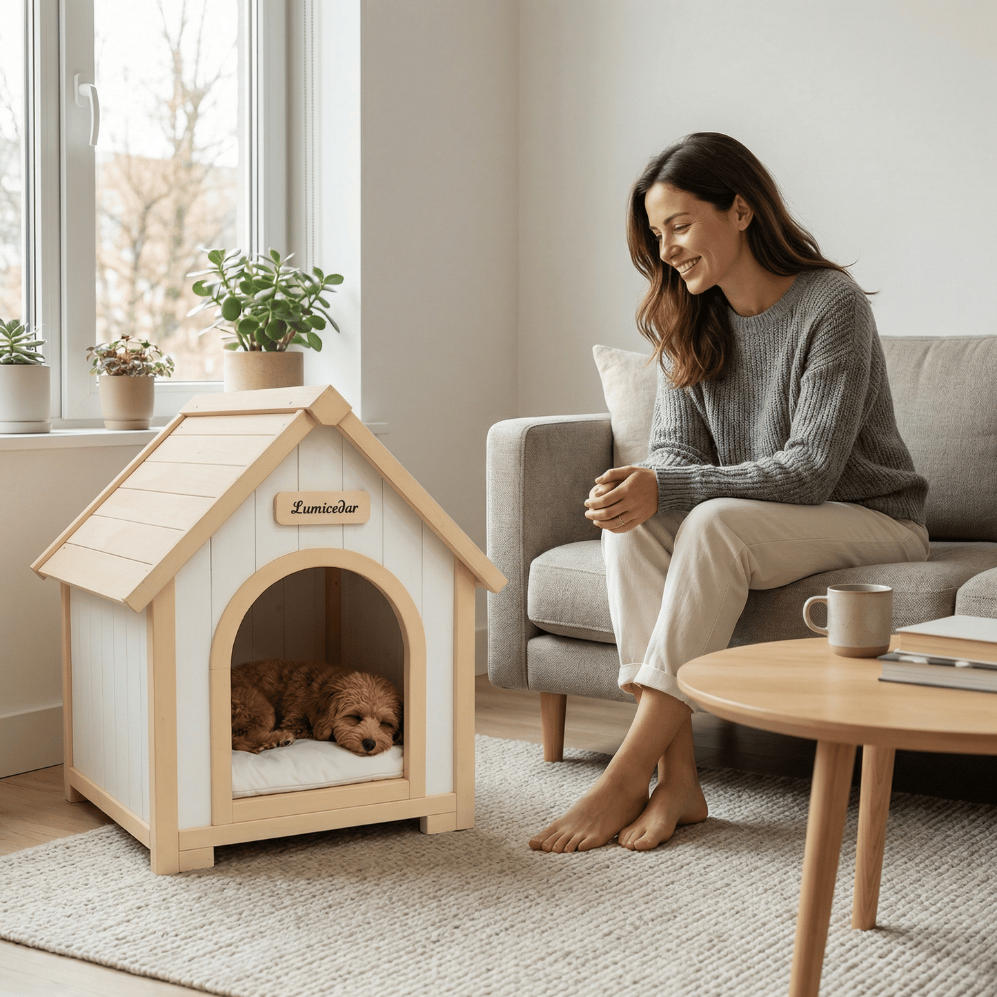 Modern Indoor Wooden Dog House with EVA Cushion – Solid Cedar