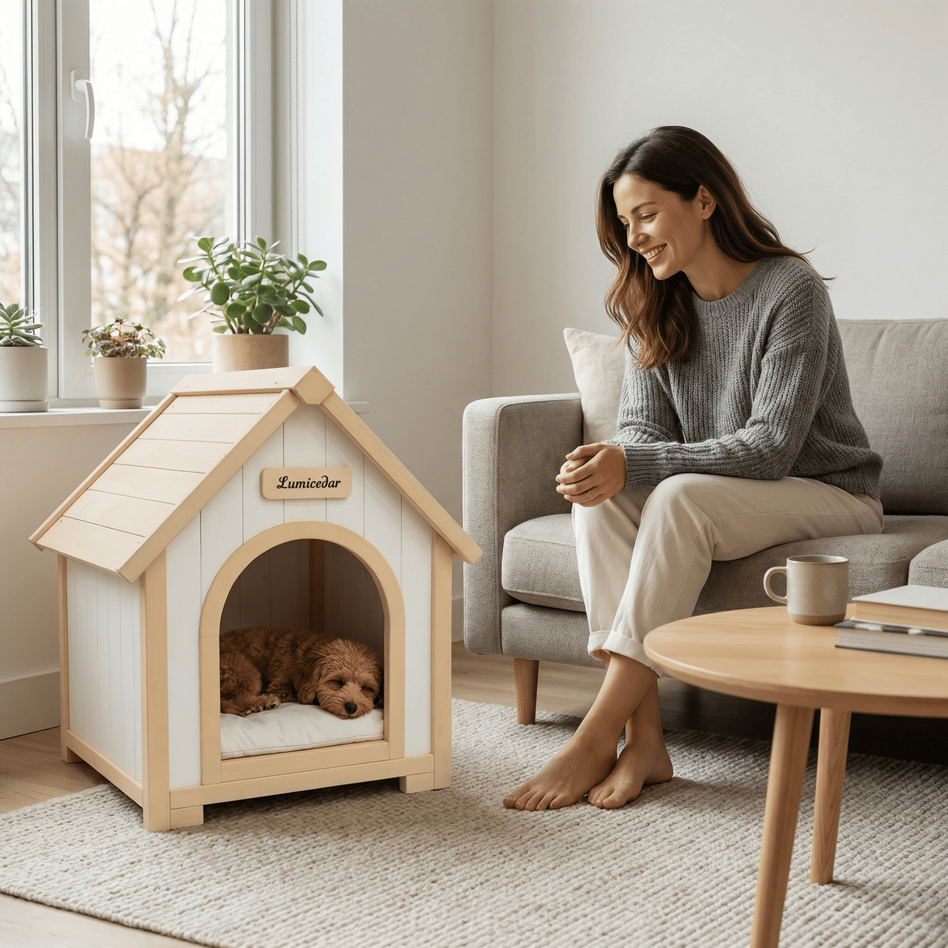Modern Indoor Wooden Dog House with EVA Cushion – Solid Cedar