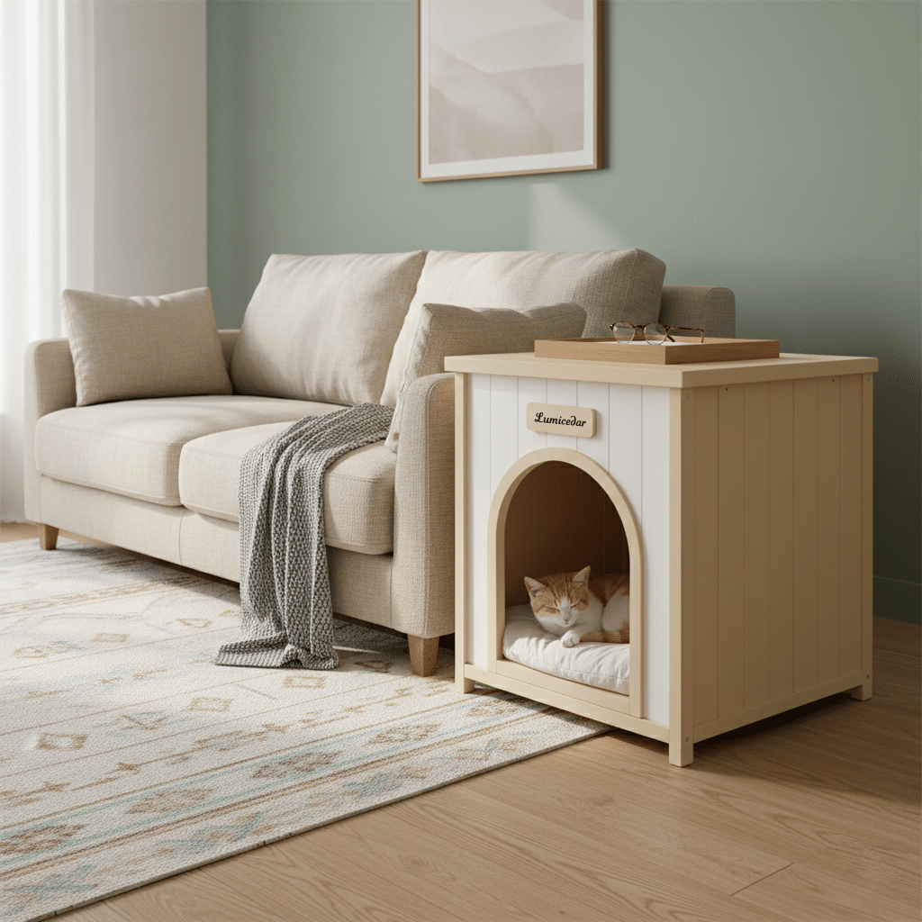 Modern Indoor Wooden Dog House with Removable Cushion – Solid Cedar