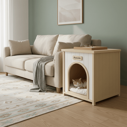 Modern Indoor Wooden Dog House with Removable Cushion – Solid Cedar