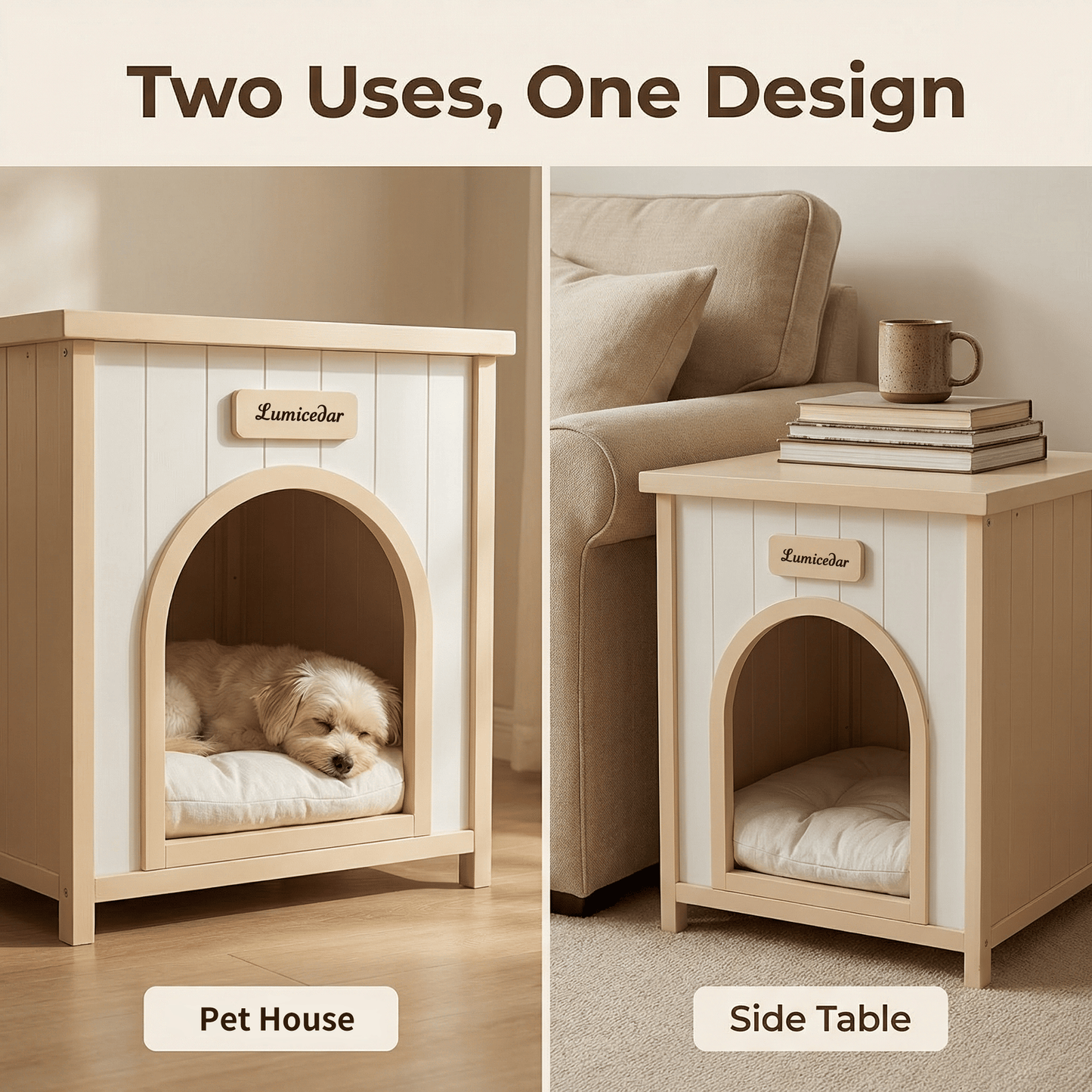 Modern Indoor Wooden Dog House with Removable Cushion – Solid Cedar