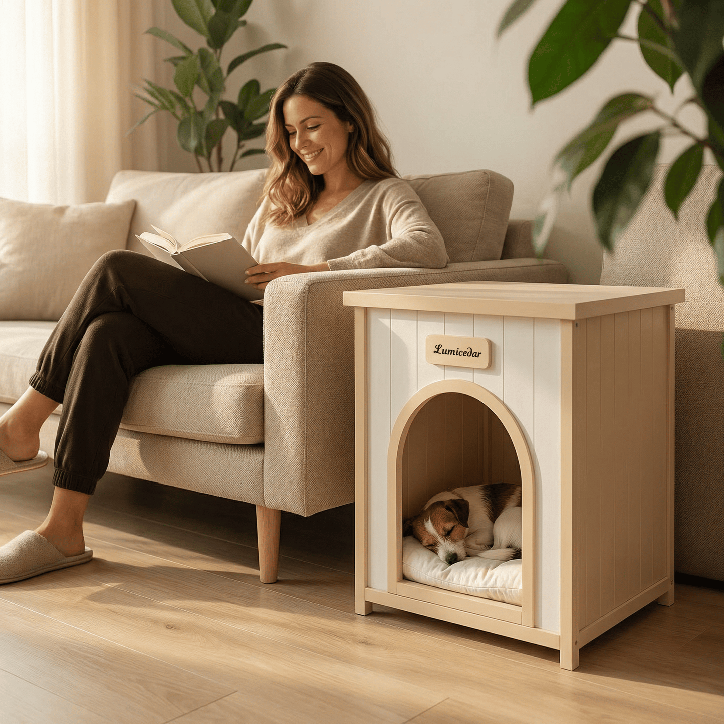 Modern Indoor Wooden Dog House with Removable Cushion – Solid Cedar