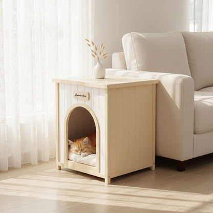 Modern Indoor Wooden Dog House with Removable Cushion – Solid Cedar
