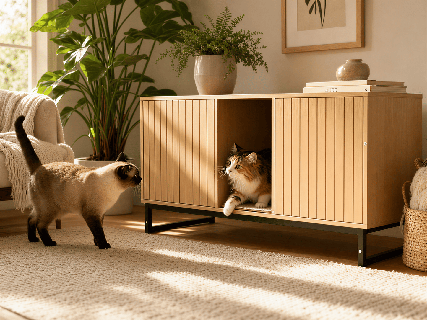 Modern Wooden Cat House with Scratching Mat - 47.64 X 25.98", 76.4