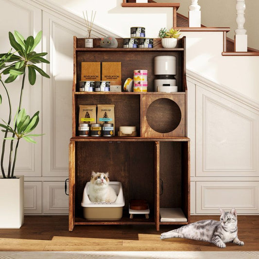 Modern Wooden Industrial Cat Litter Box Enclosure with Storage