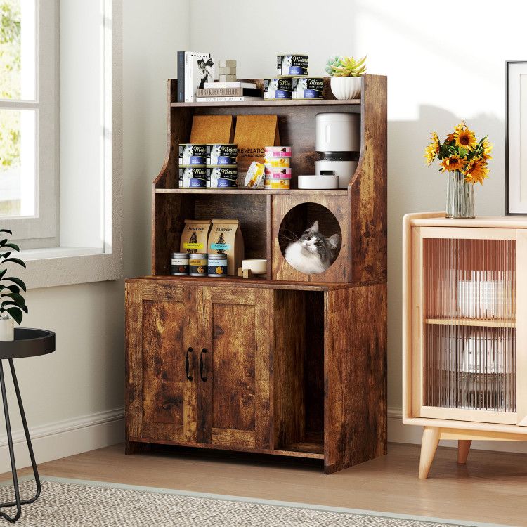 Modern Wooden Industrial Cat Litter Box Enclosure with Storage