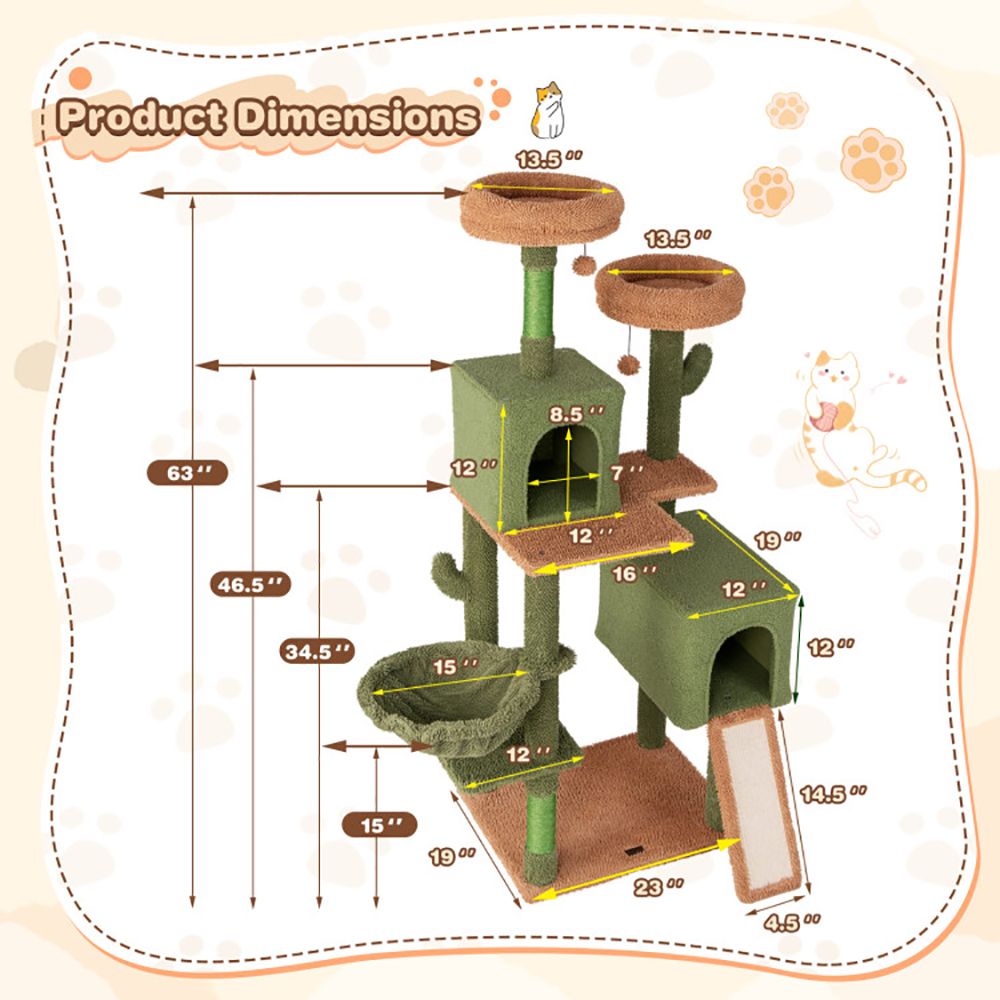 Multi-Level Cactus Cat Tree with Scratching Posts Ladder Double