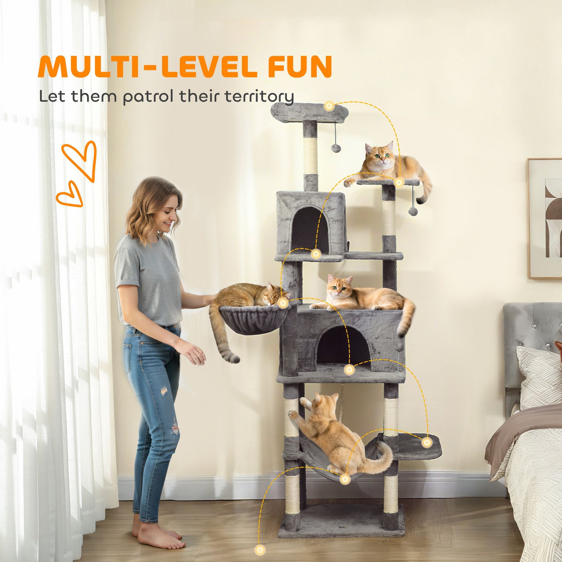 Multi-Level Cat Tower, 80" Tall Cat Tree, with 2 Condos, 2