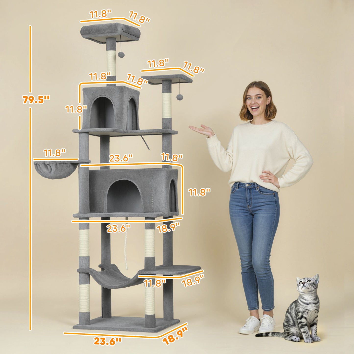 Multi-Level Cat Tower, 80" Tall Cat Tree, with 2 Condos, 2