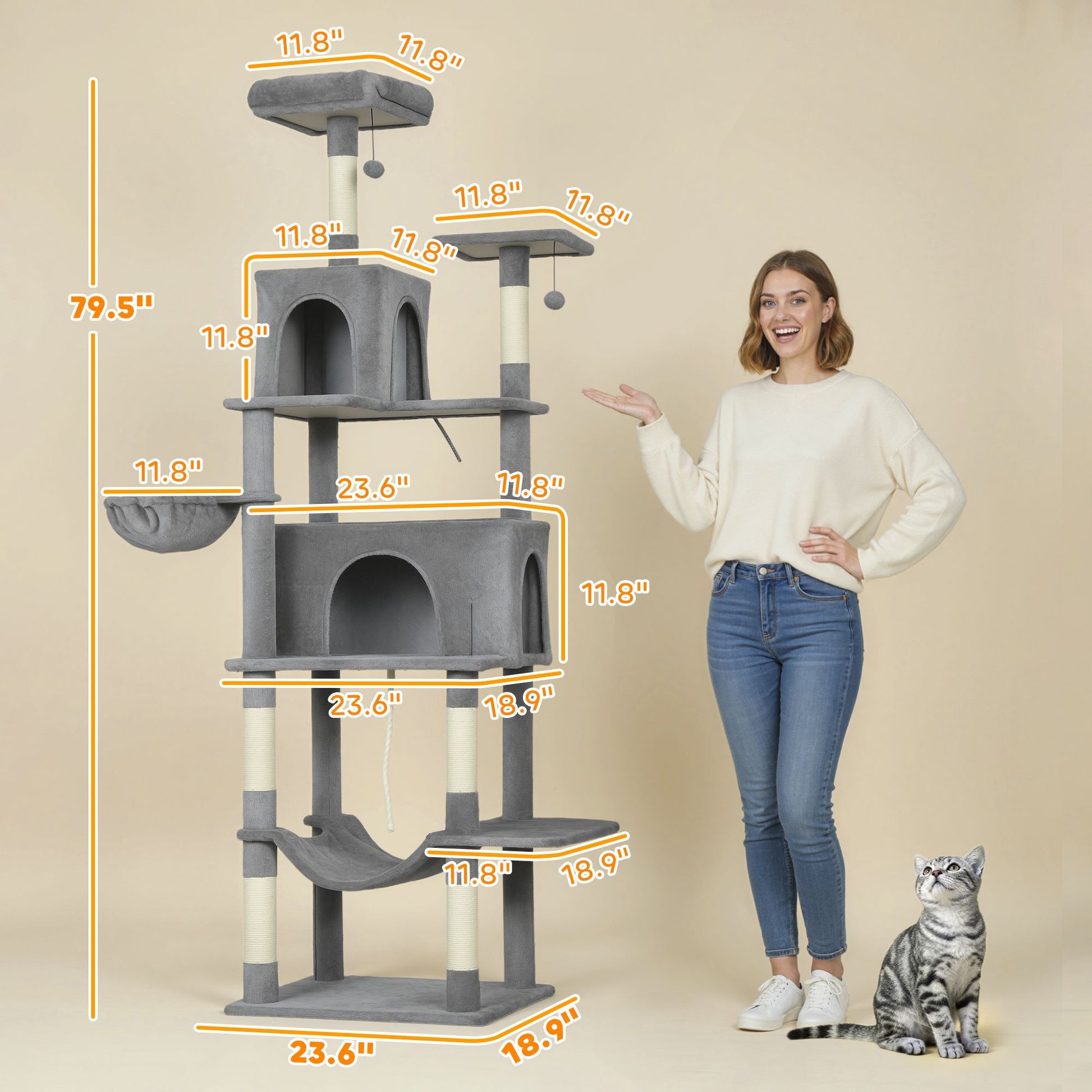 Multi-Level Cat Tower, 80" Tall Cat Tree, with 2 Condos, 2