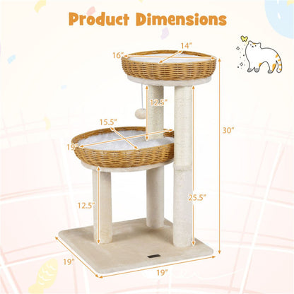 Multi-Level Cat Tree with 2 Wicker Baskets & Sisal Scratching Posts