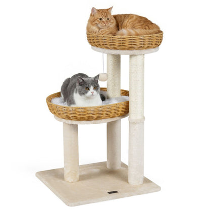 Multi-Level Cat Tree with 2 Wicker Baskets & Sisal Scratching Posts