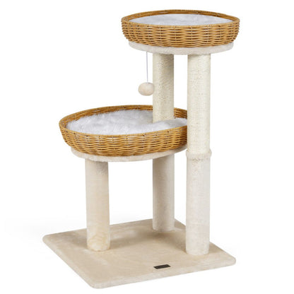Multi-Level Cat Tree with 2 Wicker Baskets & Sisal Scratching Posts