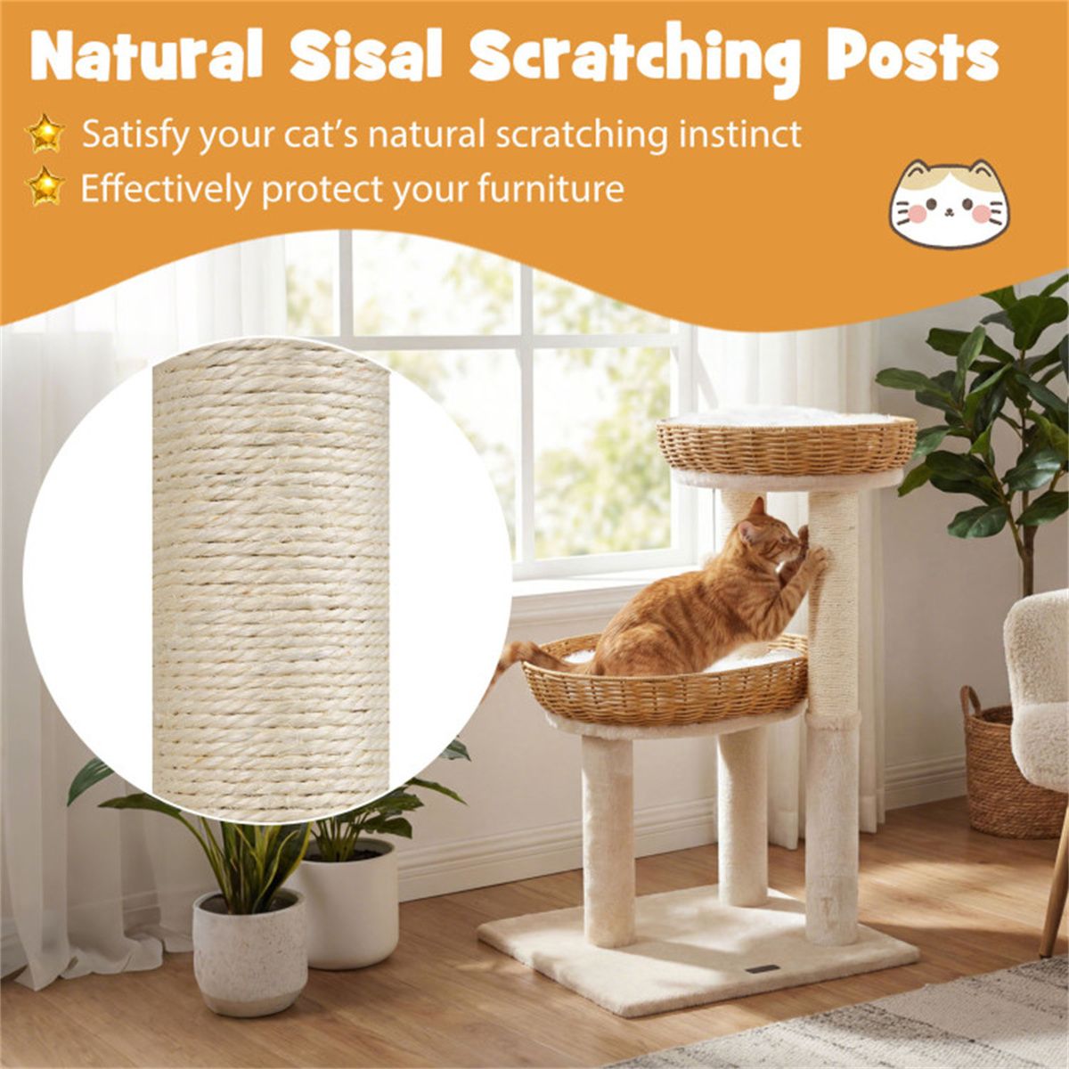 Multi-Level Cat Tree with 2 Wicker Baskets & Sisal Scratching Posts