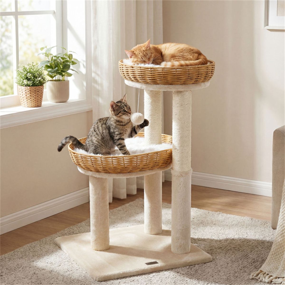 Multi-Level Cat Tree with 2 Wicker Baskets & Sisal Scratching Posts