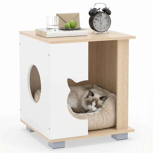 Multipurpose Wooden Cat House Nightstand, Sturdy Metal Base