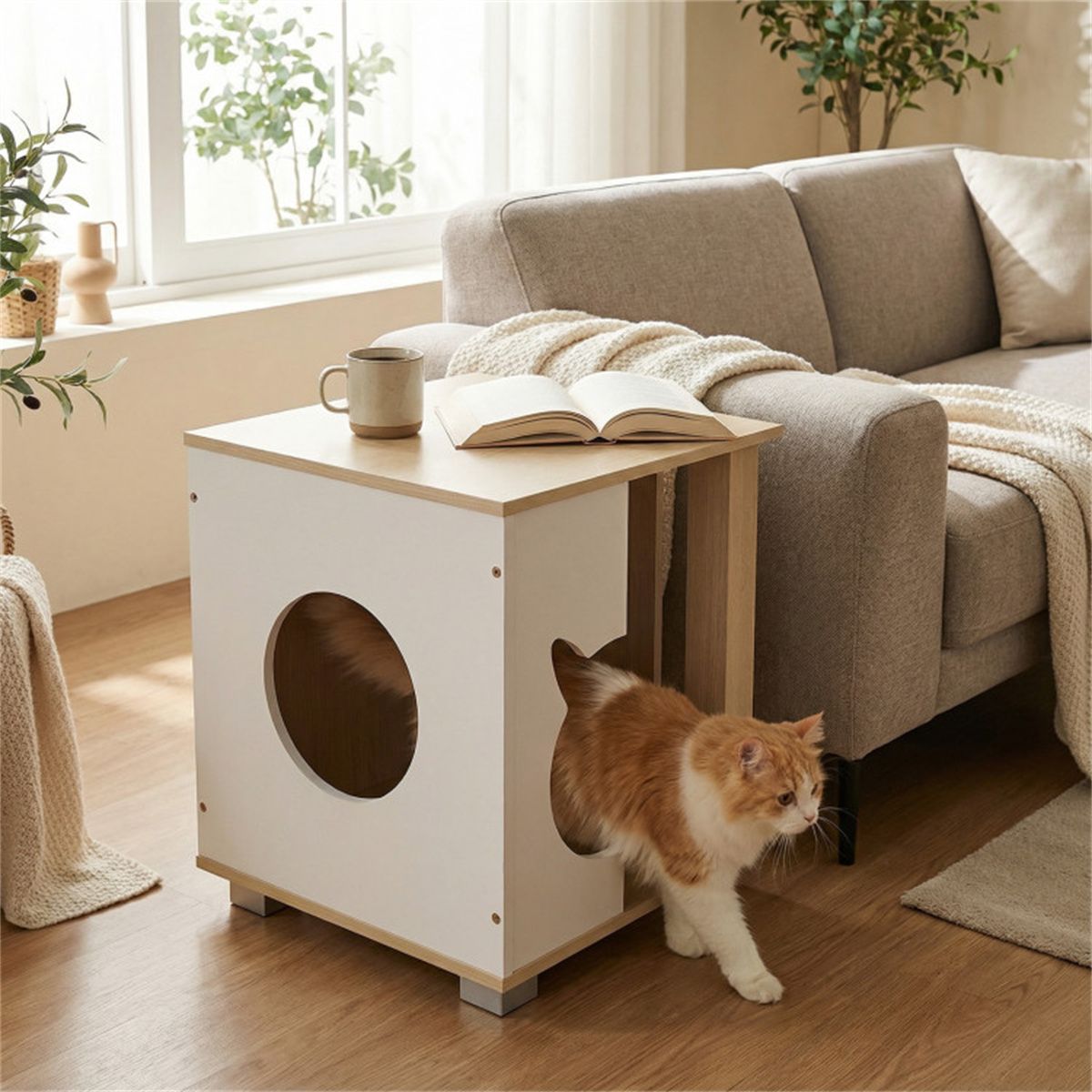 Multipurpose Wooden Cat House Nightstand, Sturdy Metal Base