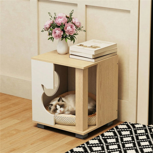 Multipurpose Wooden Cat House Nightstand, Sturdy Metal Base