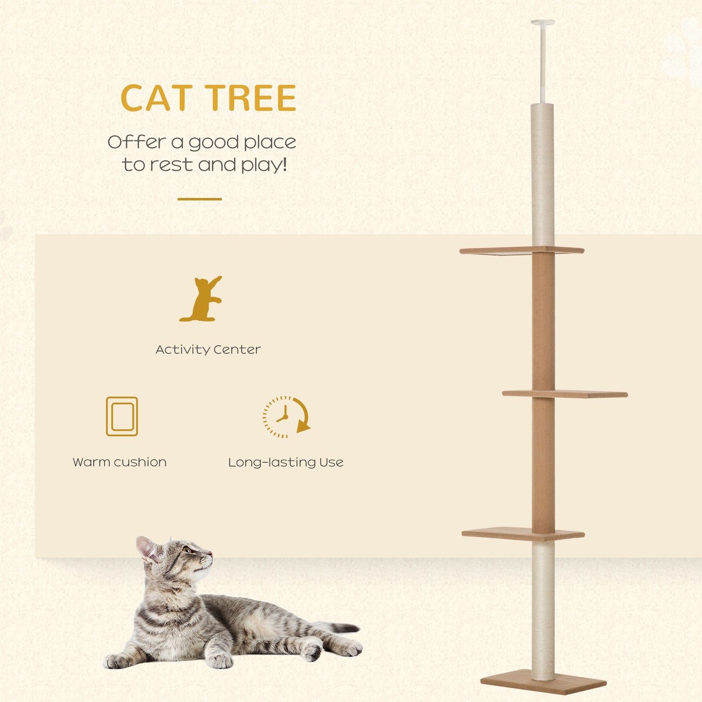 Natural Floor-to-Ceiling Cat Tree, Sisal-Covered Scratching Posts