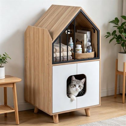 Natural & White Hidden Cat Litter Box Furniture, Elevated Cat