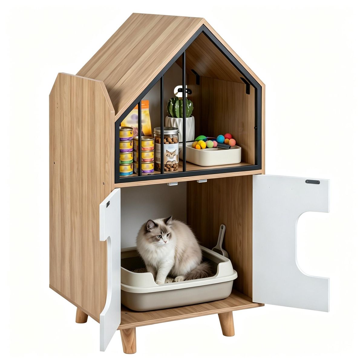 Natural & White Hidden Cat Litter Box Furniture, Elevated Cat