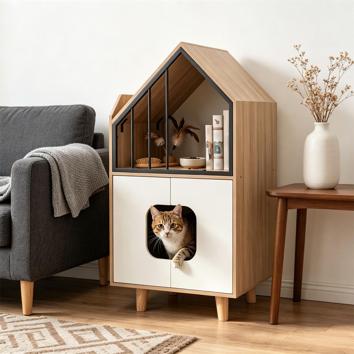Natural & White Hidden Cat Litter Box Furniture, Elevated Cat