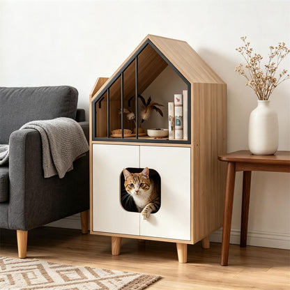 Natural & White Hidden Cat Litter Box Furniture, Elevated Cat