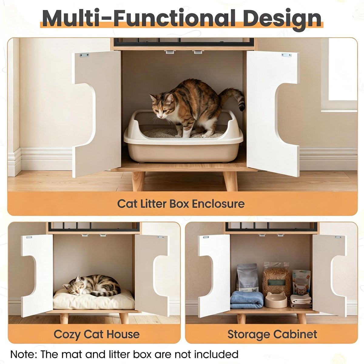 Natural & White Hidden Cat Litter Box Furniture, Elevated Cat