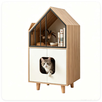 Natural & White Hidden Cat Litter Box Furniture, Elevated Cat