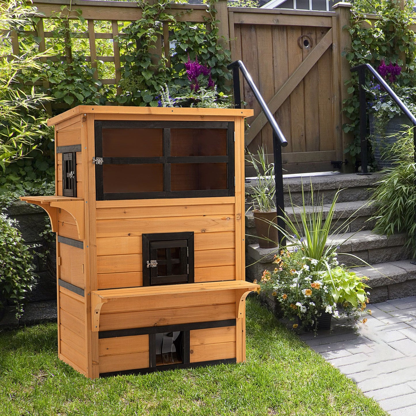 Outdoor Cat House, 3-Tier Kitty Shelter with 5 Escape Doors